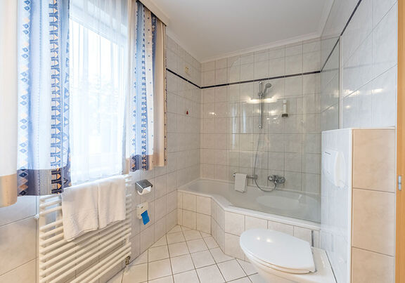 Ein großes Badezimmer mit einer Badewanne und Dusche einer Toilette.