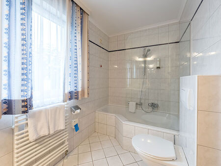 Ein großes Badezimmer mit einer Badewanne und Dusche einer Toilette.